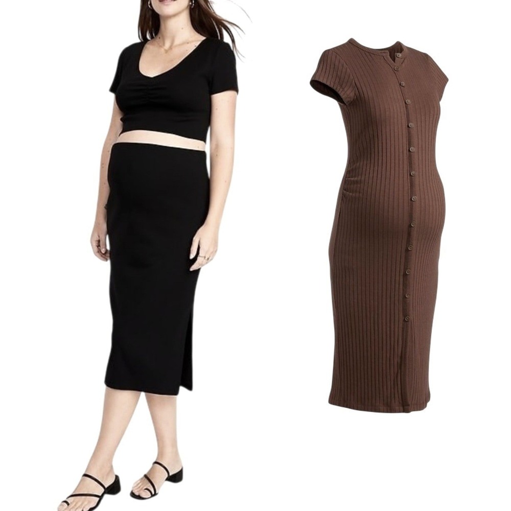 Old Navy Brown Maternity Midi Dress &‎ Black Crop Top Skirt Set Bundle Size XS S